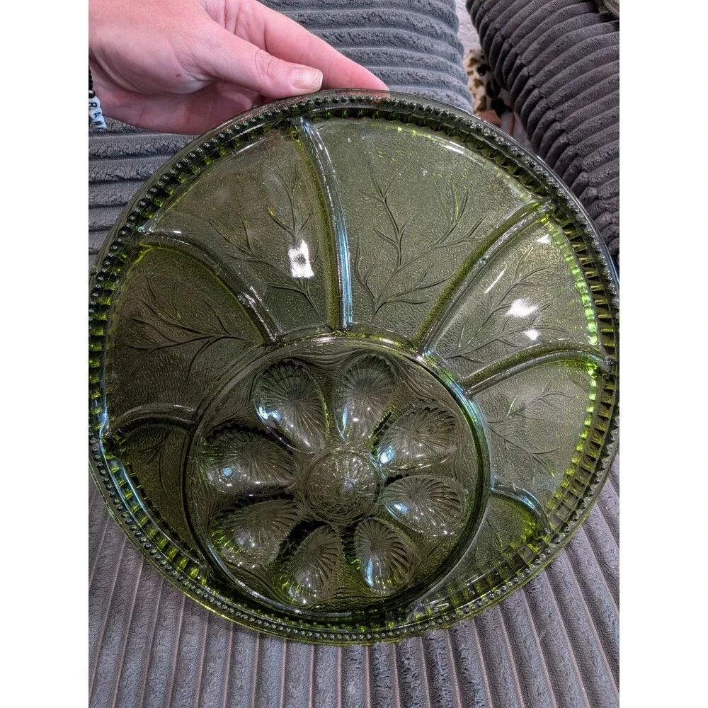 Mid Century Indiana Glass Olive Green Pebble Leaf Deviled Egg Serving Dish